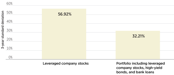 Chart showing how Diversification through Leveraged Companies reduced volatility in the depths of the bear market 2/29/08-2/28/09