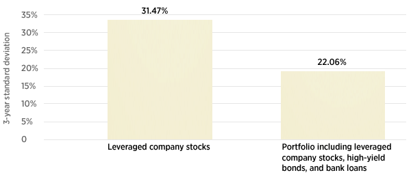 Chart showing how Diversification through Leveraged Companies reduced volatility in the depths of the bear market 2/29/08-2/28/09