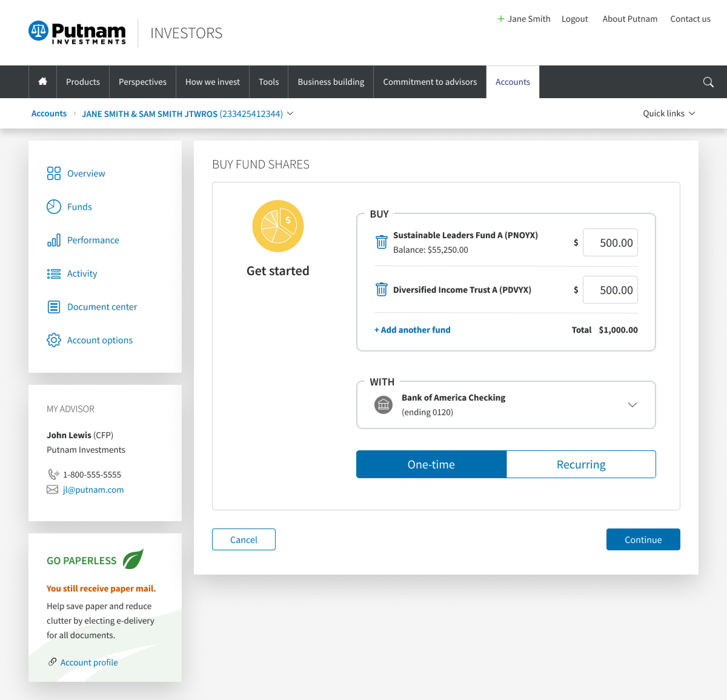 Putnam Investments Buy transaction desktop page example