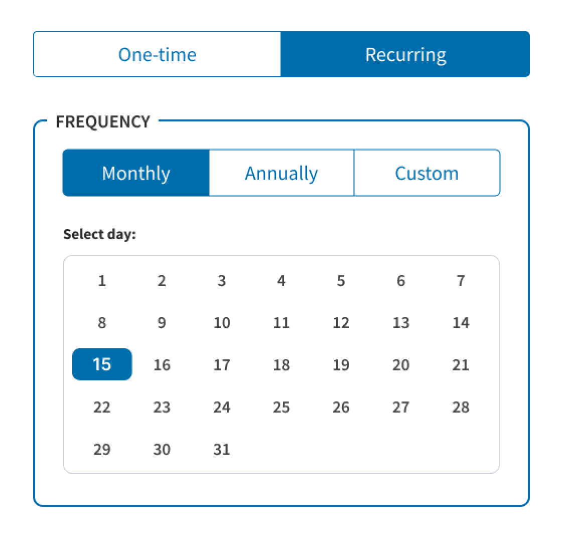 Zoomed-in one-time or recurring transaction selector with frequency selector and calendar